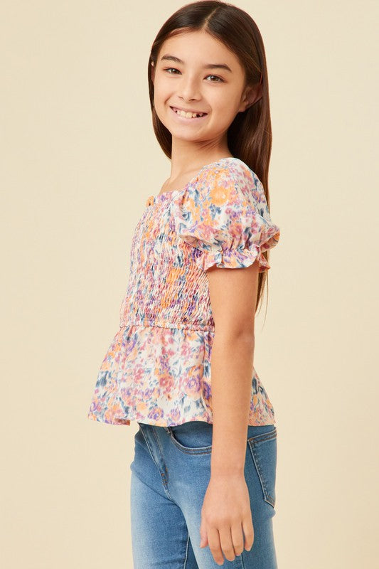 Floral Puff Sleeve Smocked Top
